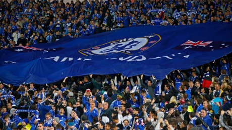 Chelsea fans with a giant flag.