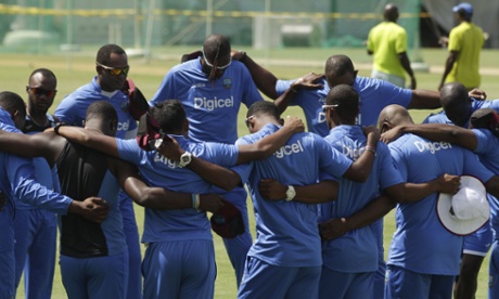 West Indies players prior to a practice session in Roseau, Dominica.