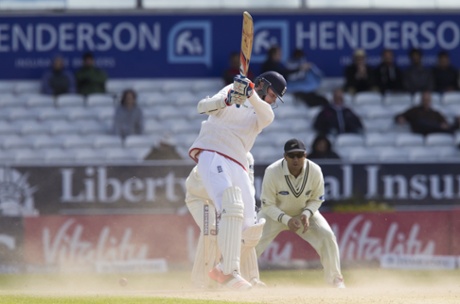Dust is kicked up by heavy winds as Stuart Broad loses his wicket as he plays onto his stumps.
