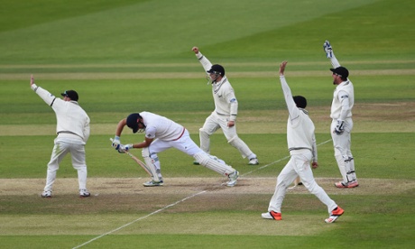 Alastair Cook of England is trapped lbw for 56 runs by Kane Williamson.