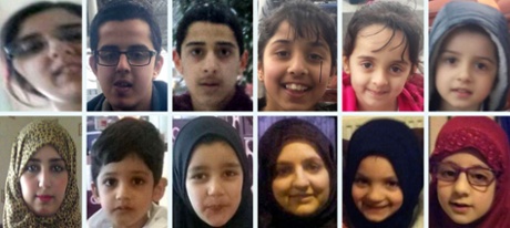 Undated handout photos issued by Khan Solicitors of (top row, from left) Sugra Dawood with her children Junaid Ahmed Iqbal, Ibrahim Iqbal, Zaynab Iqbal, Mariya Iqbal and Ismaeel Iqbal, (bottom row, from left) Khadija Bibi Dawood with her children Muhammad Haseeb and Maryam Siddiqui and Zohra Dawood with her children Nurah Binte Zubair and Haafiyah Binte Zubair, as the three British sisters and their nine children split into two groups to cross into Syria, an Islamic State smuggler has claimed.