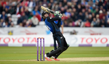 Martin Guptill cuts a ball for six.