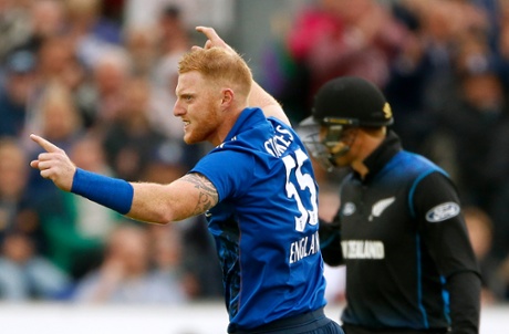Ben Stokes celebrates his second wicket after dismissing Martin Guptill.