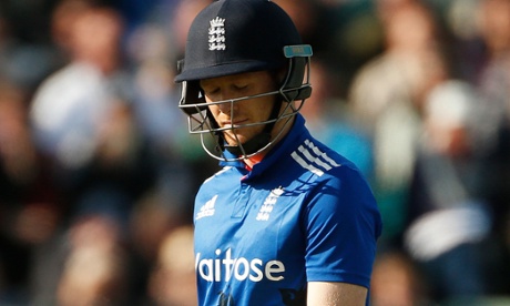 Eoin Morgan leaves the field after being dismissed without scoring.