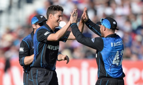 Ben Wheeler celebrates with Brendon McCullum after dismissing Ben Stokes.