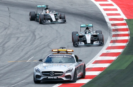The saftey car leads Rosberg and Hamilton.