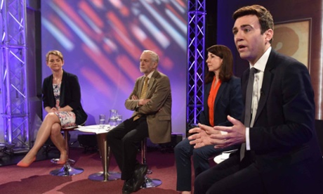 Andy Burnham, right, with fellow Labour leadership candidates Yvette Cooper, Jeremy Corbyn and Liz Kendall during a debate broadcast on Newsnight.