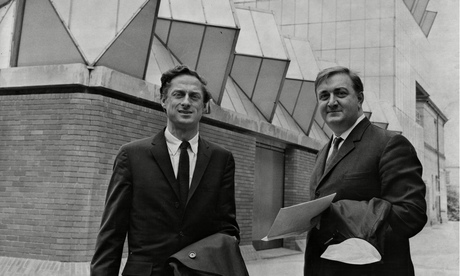 James Gowan, left, with James Stirling in front of their Engineering Building at Leicester University, completed in 1963 Photograph: ANL/Rex Shutterstock