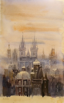 Prague in the Fog, signed 'A Hitler
