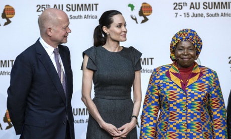 Former British foreign secretary William Hague, actress and UNHCR representative Angelina Jolie and African Union Commission chairperson Nkosasana Dlamini-Zuma at last year’s summit on conflict-related gender violence.
