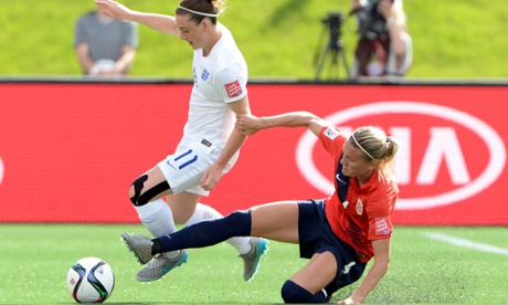 Norway's Gry Tofte Ims tackles England's Jade Moore during the round of 16 Women's World Cup match.