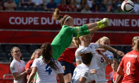 England goalkeeper Karen Bardsley punches the ball away against Norway.