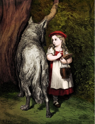 1952 engraving by Gustave Doré for Charles Perrault’s <em>Little Red Riding Hood</em>.