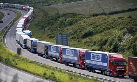 Trucks queue up on the way to the port of Dover, England, as part of Operation Stack