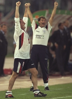 Paul Gascoigne and Glenn Hoddle celebrate England's 0-0 draw against Italy in Rome in 1997.