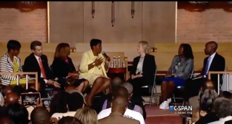 The community meeting at Christ the King Church of Christ in Florissant, Missouri.