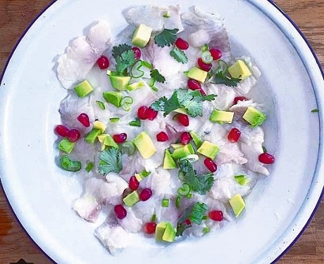 Tess Ward’s sea bass ceviche with avocado and pomegranate 