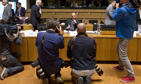 Greek finance minister Yanis Varoufakis, center, during a round table meeting of EU finance ministers at the European council building in Luxembourg.