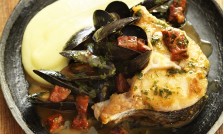 Braised hake with mussels, chorizo & olive oil mash