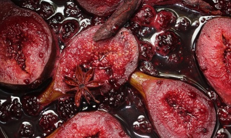 Poached spiced boozy figs with blackberries and fortified wine