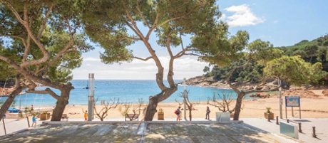 Decking on the beach at Hotel Tamariu, Costa Brava, Spain.