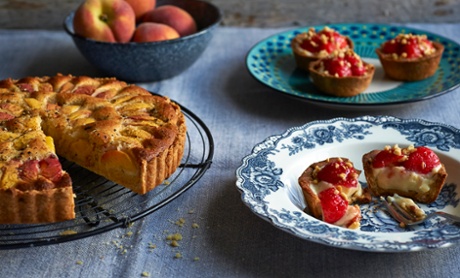 A peach and almond tart with a twist of black pepper for piquancy, and the classic pairing of strawberry and vanilla in an extra-crumbly pine-nut tart case.