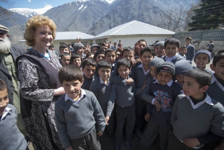 Carey Schofield with male students at Langlands school and college, Chitral, Pakistan.