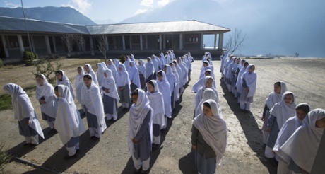 Female students gather for assembly at Langlands school and college.