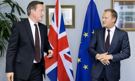David Cameron speaks with Donald Tusk during a meeting on the sidelines of the EU summit.