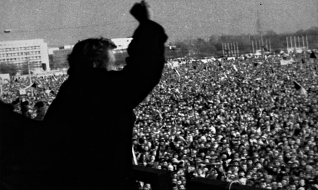 Václav Havel addresses a crowd of more than 500,000 in Prague during the Velvet Revolution in Novemb