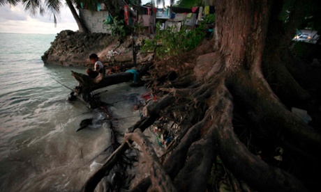 A girl sits on a log next to the roots of a tree near the village of Teaoraereke on South Tarawa in the Pacific island nation of Kiribati in May 2013. A new study blames greenhouse gas rises for temperature increases in the region.