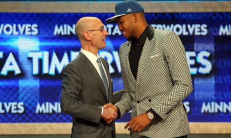 NBA commissioner Adam Silver shakes hands with Kentucky's Karl-Anthony Towns who the Minnesota Timberwolves made the top pick in the 2015 NBA Draft.