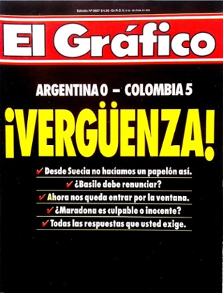 Front cover of El Gráfico after Argentina's 5-0 defeat to Colombia.