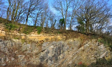De la Beche geological unconformity, with yellow inferior oolite over steeply dipping grey Carboniferous limestone.