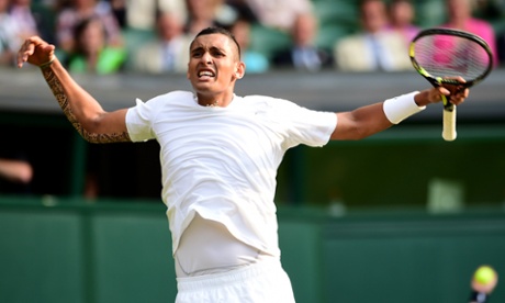 Australia's Nick Kyrgios celebrates winning a game against Rafael Nadal during their fourth round match at Wimbledon 2014
