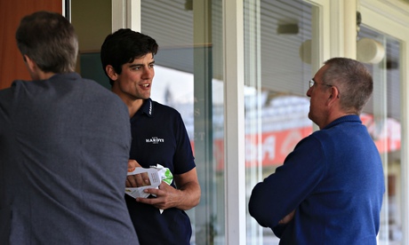 England captain, Alastair Cook, talking to the head coach, Trevor Bayliss, right, at Lord's