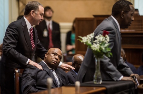 COLUMBIA, SC - JUNE 18:  South Carolina State Senator Joel Lourie (L) comforts Gerald Malloy in the senate chambers June 18, 2015 in Columbia, South Carolina. Legislators gathered Thursday morning to honor their co-worker Clementa Pinckney and the eight others killed yesterday at Emanuel AME Church in Charleston, South Carolina. (Photo by Sean Rayford/Getty Images)CrimeLawJustice