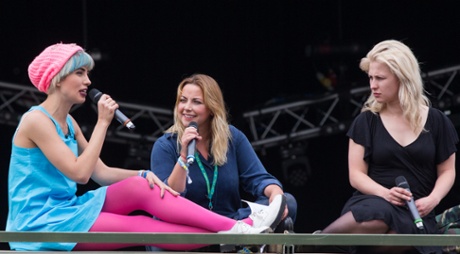 Nadya Tolokonnikova, left, and Masha Alyokhina, right, talk to Charlotte Church, centre.