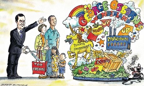Cartoon of George Osborne showing a family an 'economic funfair'