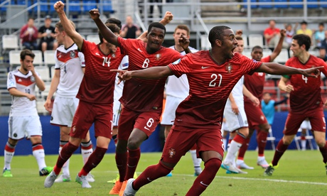 Portugal’s Ricardo celebrates scoring his side’s second goal against Germany during their Under-21 Championship semi-final. Photograph: Radek Mica/AFP/Getty Images
