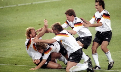 Kanye (left) is mobbed by his teammates after scoring the winning goal in the 1990 World Cup final.