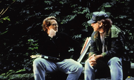 Michael Crichton and Steven Spielberg on the set of The Lost World: Jurassic Park 2, in 1997