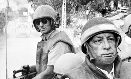 Israeli defence minister Ariel Sharon (right) tours units advancing to the outskirts of Beirut, Lebanon, 15 June 1982. 