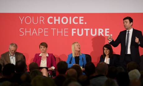Andy Burnham speaks as fellow contenders Jeremy Corbyn, Yvette Cooper and Liz Kendall listen on Sunday.