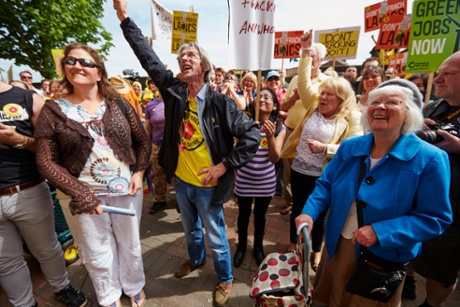 Anti-fracking campaigners celebrating outside county hall in Preston after Lancashire county council rejected Cuadrilla's application to frack for shale gas at two sites - Little Plumpton and Roseacre Wood - in the county.