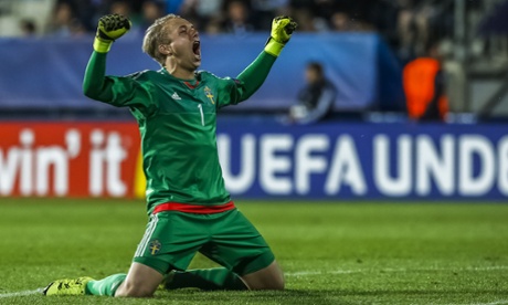 The Sweden goalkeeper Patrik Carlgren celebrates his side's goal against Portugal in the group stage of the European Under-21 Championship