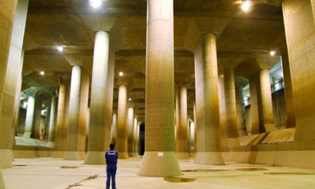 The pressure-controlled water tank at The Metropolitan Area Outer Underground Discharge Channel in Kusakabe, north of Tokyo.