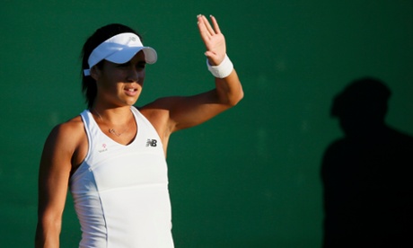 Heather Watson shields her eyes from the sun against Caroline Garcia of France.