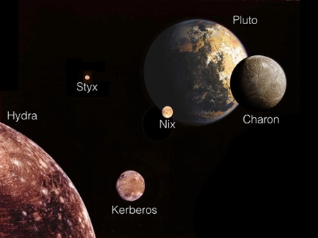 Pluto and its moons. Despite their chaotic rotations, the moons appear to be locked into stable trajectories.