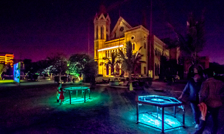 Artist Aamir Habib’s LED Carrom Boards outside Frere Hall.